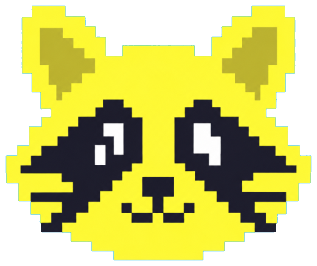 Pixel yellow raccoon face with a dark mask
